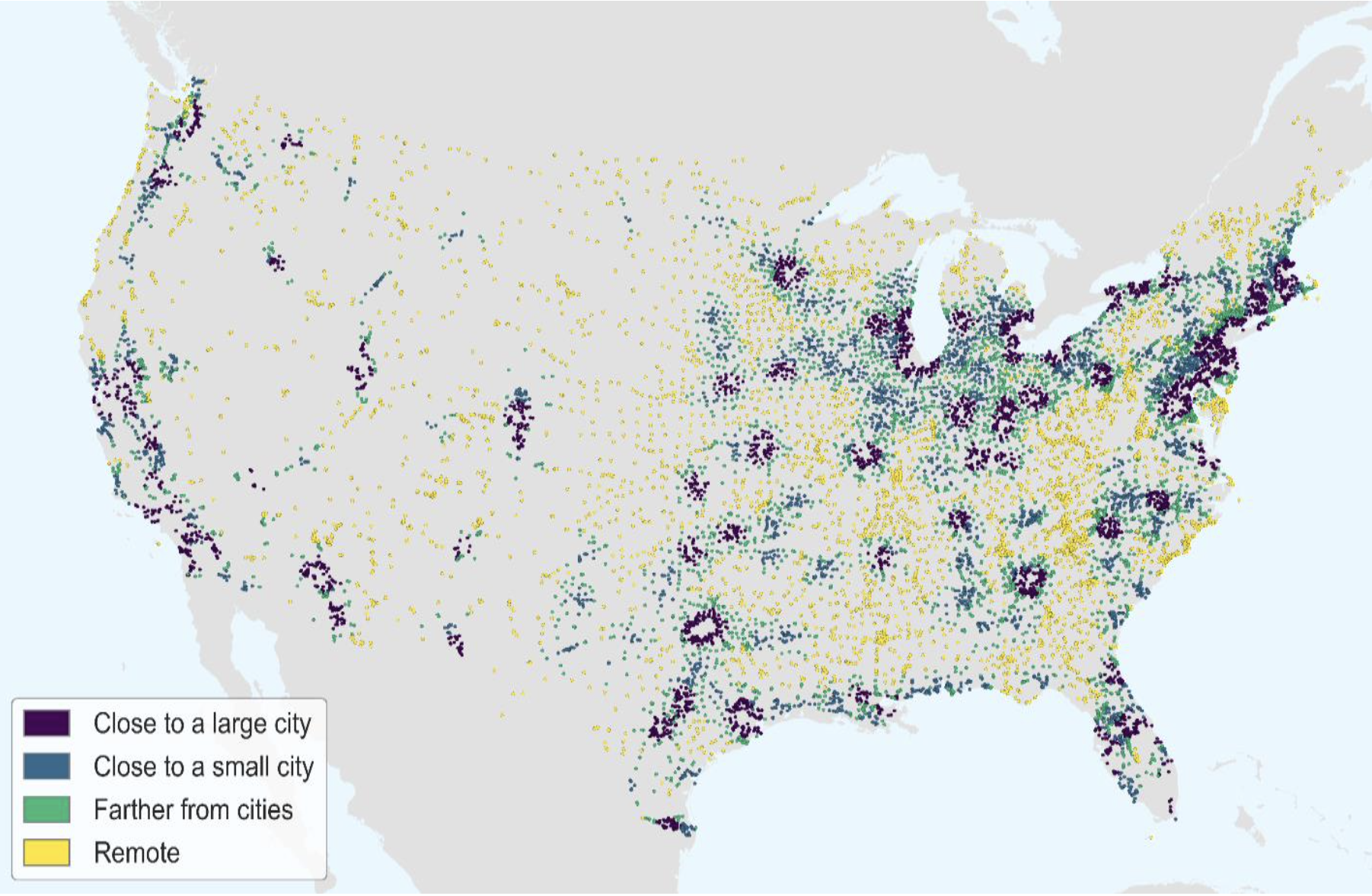 Figure 1: United States’ towns and villages by time to cities